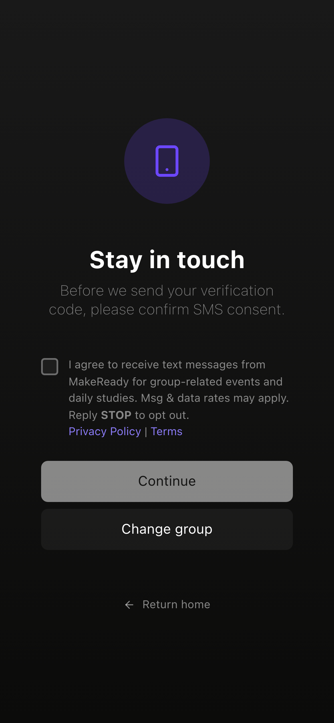 Step 2 — SMS consent screen with unchecked checkbox, exact Twilio consent copy, Privacy/Terms links, and a disabled Continue button.